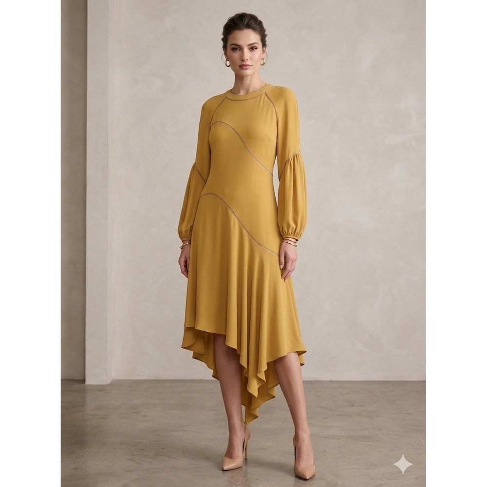 BCBGMaxAzria Women Midi Dress Medium Mustard Asymmetrical Boho Elegant Flow